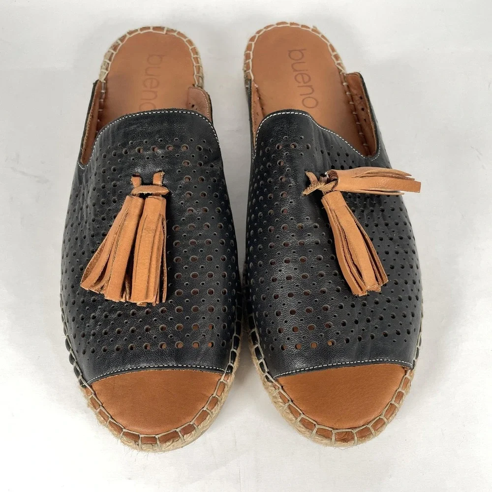 Bueno Shoes Espadrille Womens Size 42 Black Leather Slip On Tassel Mule Flats